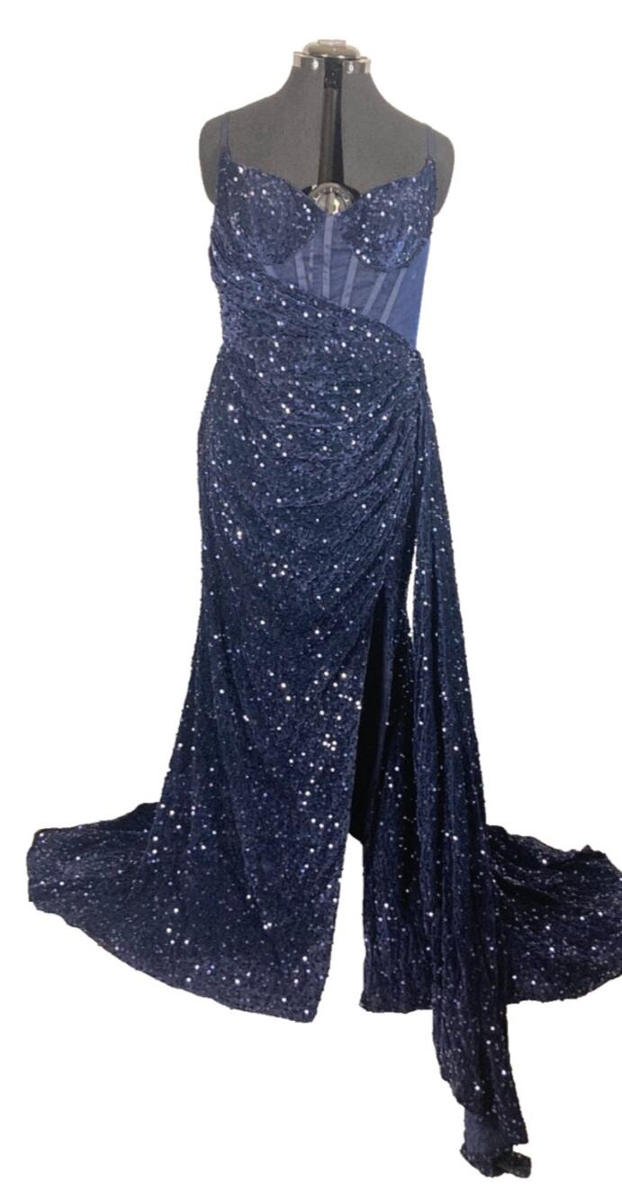 16 XL Formal Dress Dark Navy Blue corset sequin stretchy maxi dress mermaid stra